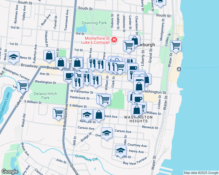 map of restaurants, bars, coffee shops, grocery stores, and more near 31 William Street in Newburgh
