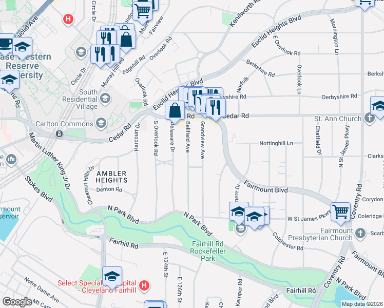map of restaurants, bars, coffee shops, grocery stores, and more near 2221 Bellfield Avenue in Cleveland Heights
