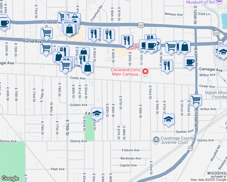 map of restaurants, bars, coffee shops, grocery stores, and more near 2179 East 86th Street in Cleveland