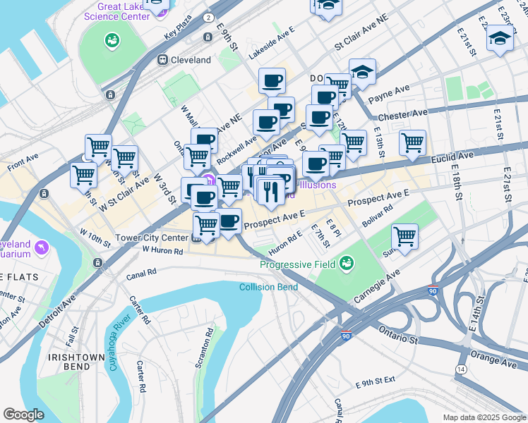 map of restaurants, bars, coffee shops, grocery stores, and more near 2051 East 4th Street in Cleveland