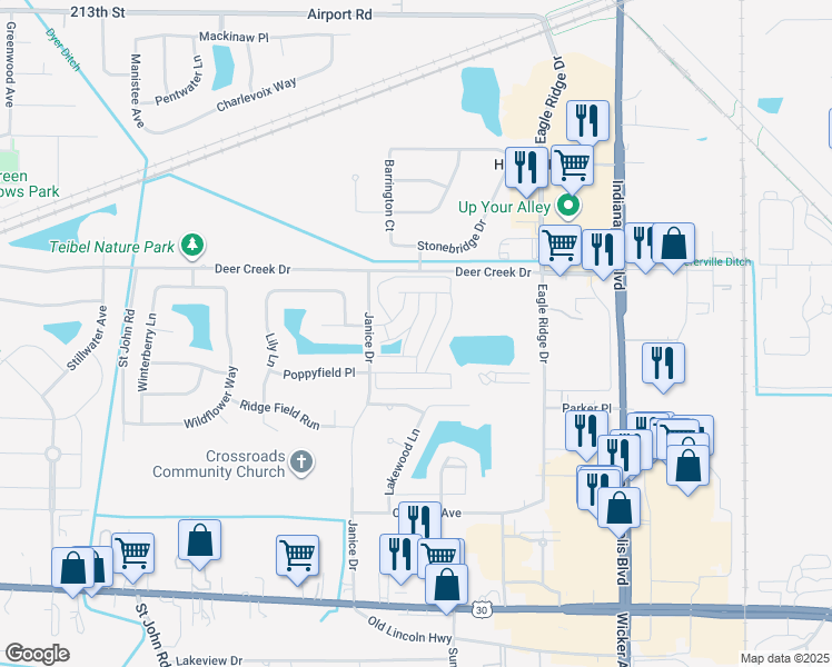 map of restaurants, bars, coffee shops, grocery stores, and more near 1228 Primrose Lane in Schererville