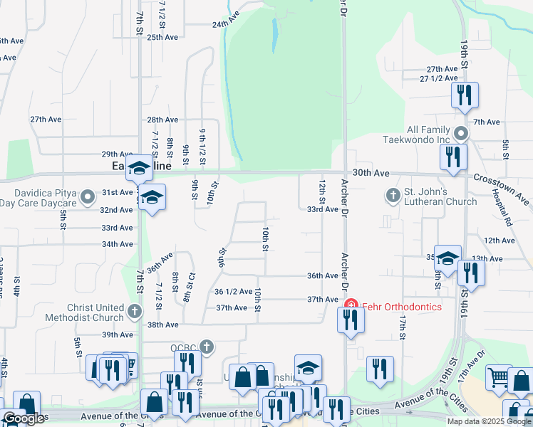 map of restaurants, bars, coffee shops, grocery stores, and more near 3300-3322 10th Street in East Moline