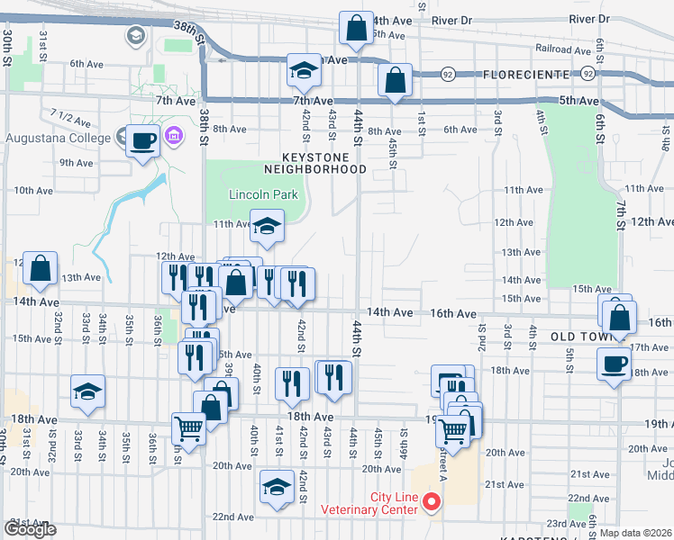 map of restaurants, bars, coffee shops, grocery stores, and more near 1300 43rd Street in Rock Island