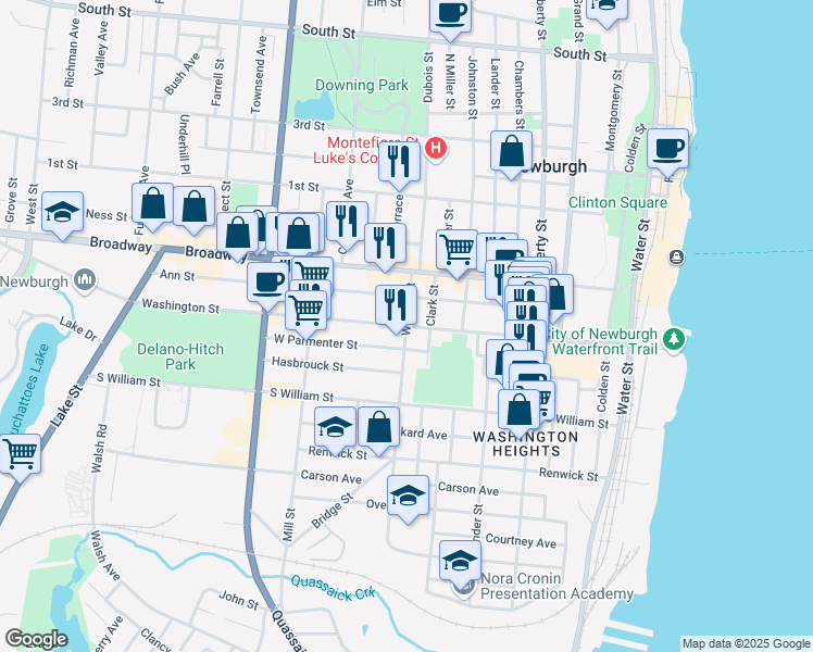 map of restaurants, bars, coffee shops, grocery stores, and more near Washington Street in Newburgh