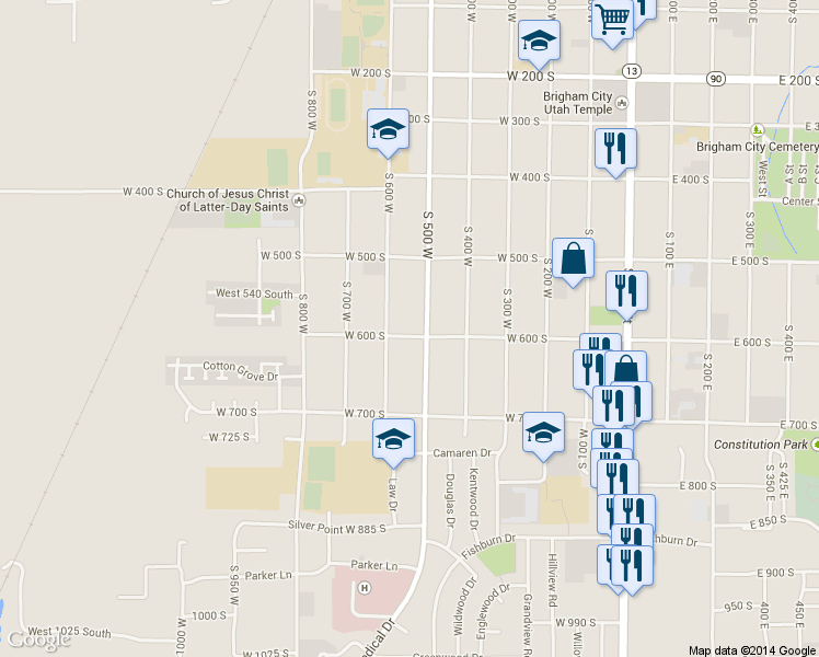 map of restaurants, bars, coffee shops, grocery stores, and more near 512 West 600 South in Brigham City