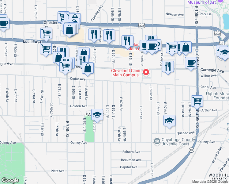 map of restaurants, bars, coffee shops, grocery stores, and more near 2179 East 86th Street in Cleveland