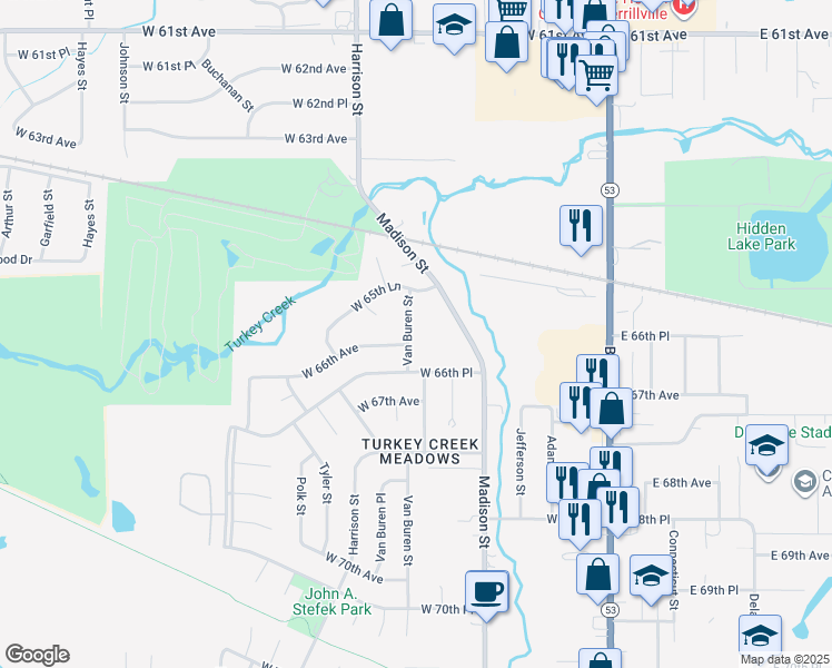map of restaurants, bars, coffee shops, grocery stores, and more near 6549 Van Buren Street in Merrillville