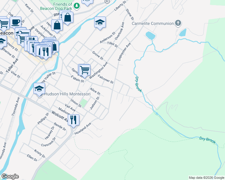 map of restaurants, bars, coffee shops, grocery stores, and more near E Main St & Depuyster Ave in Beacon