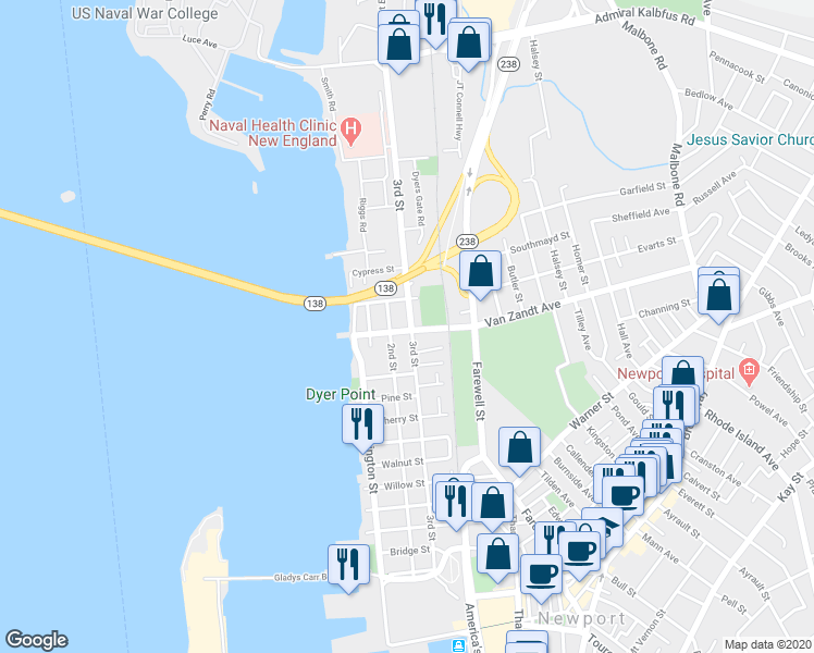 map of restaurants, bars, coffee shops, grocery stores, and more near 24 Van Zandt Avenue in Newport