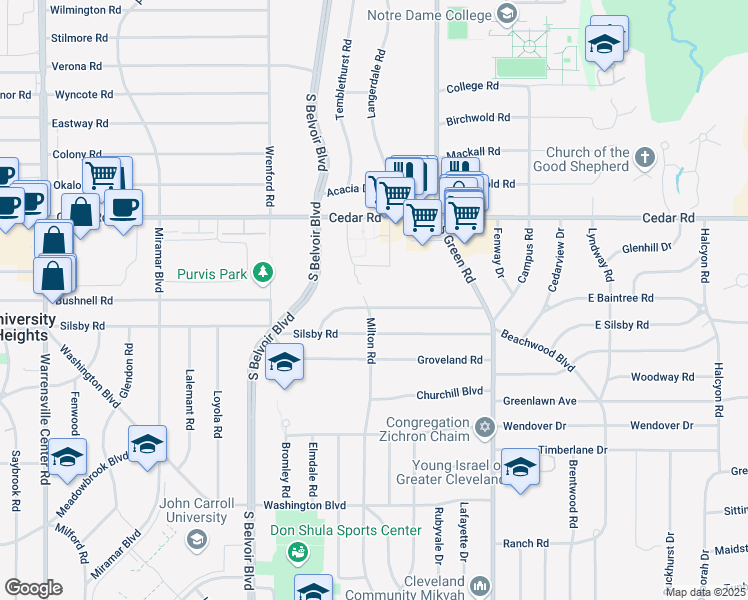 map of restaurants, bars, coffee shops, grocery stores, and more near 4379 Baintree Road in University Heights