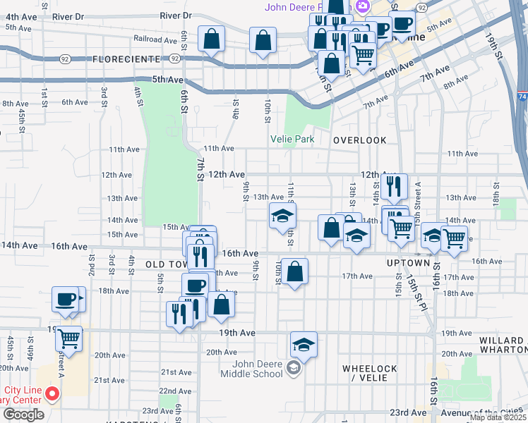 map of restaurants, bars, coffee shops, grocery stores, and more near 1317 10th Street in Moline