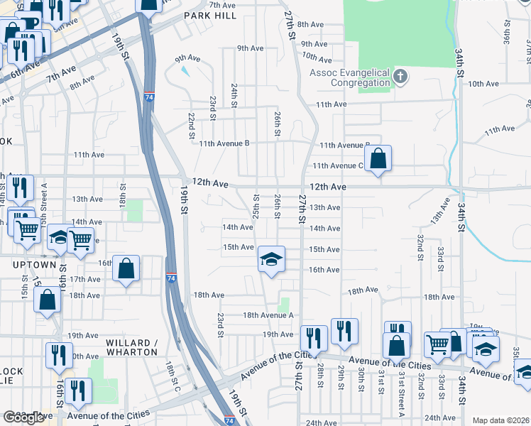 map of restaurants, bars, coffee shops, grocery stores, and more near 2517 13th Avenue in Moline