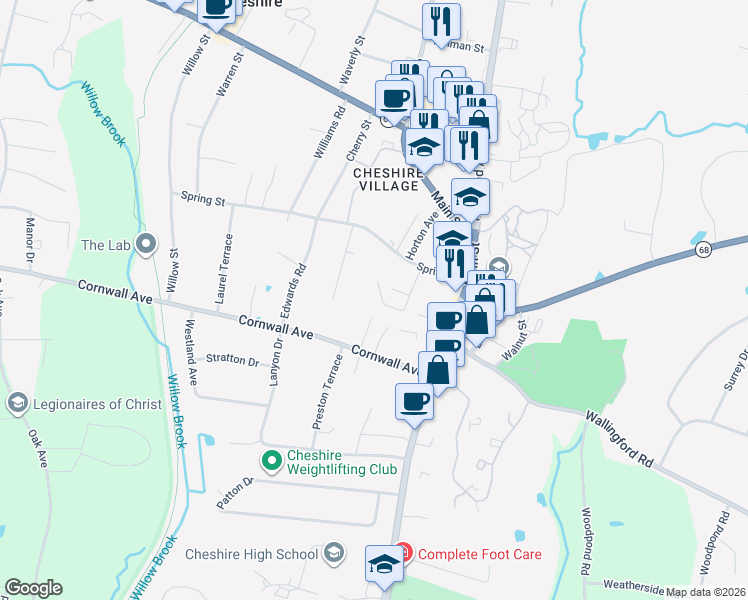 map of restaurants, bars, coffee shops, grocery stores, and more near 145 Paul Ney Road in Cheshire