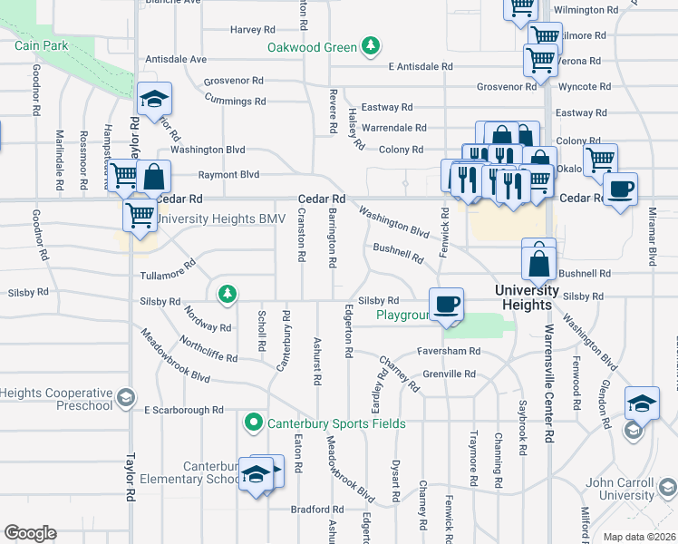map of restaurants, bars, coffee shops, grocery stores, and more near 2227 Barrington Road in University Heights
