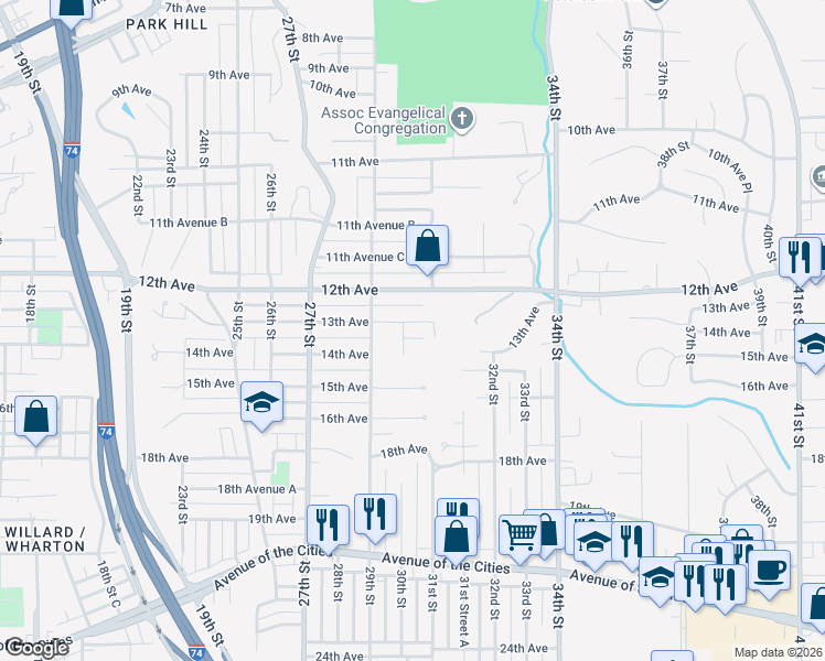 map of restaurants, bars, coffee shops, grocery stores, and more near 1300 30th Street in Moline