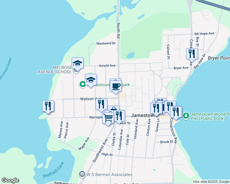 map of restaurants, bars, coffee shops, grocery stores, and more near 52 North Road in Jamestown