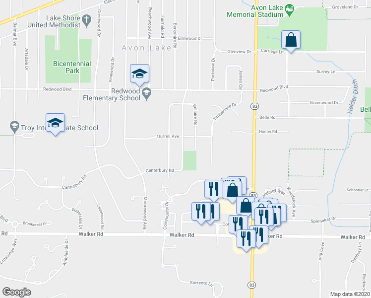 map of restaurants, bars, coffee shops, grocery stores, and more near 335 Inwood Boulevard in Avon Lake
