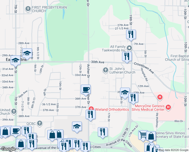 map of restaurants, bars, coffee shops, grocery stores, and more near 3250 Archer Dr in East Moline