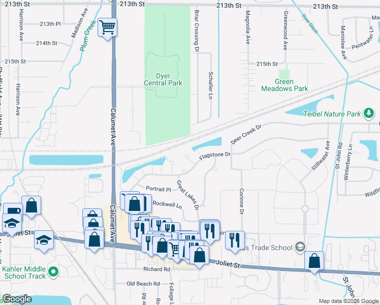 map of restaurants, bars, coffee shops, grocery stores, and more near 1749 Springtime Ct in Dyer