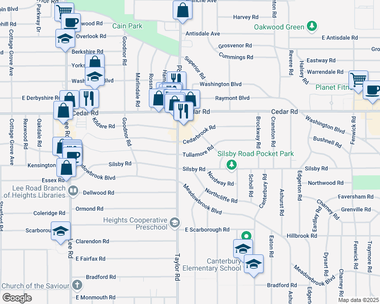 map of restaurants, bars, coffee shops, grocery stores, and more near 3481 Tullamore Road in Cleveland Heights