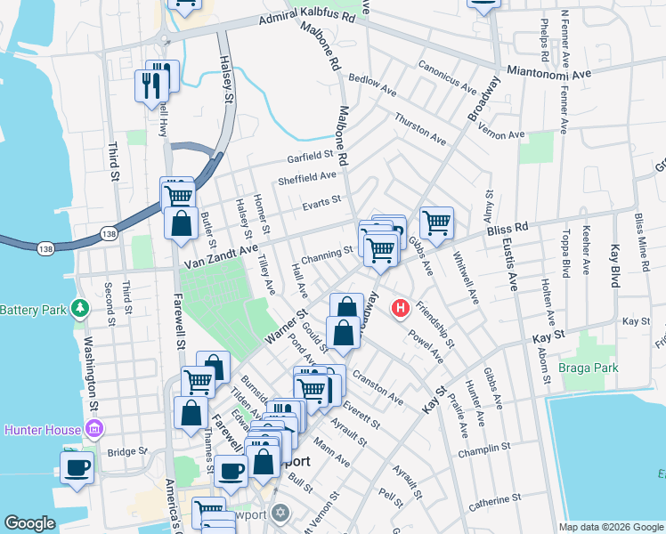 map of restaurants, bars, coffee shops, grocery stores, and more near 11 Dartmouth Street in Newport