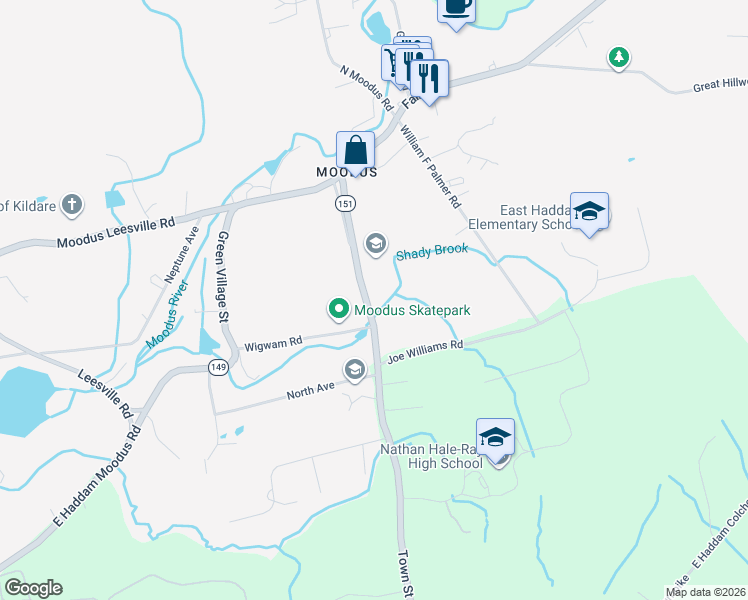 map of restaurants, bars, coffee shops, grocery stores, and more near 6 Plains Road in East Haddam