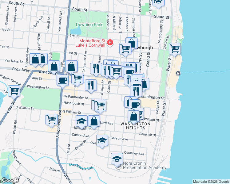 map of restaurants, bars, coffee shops, grocery stores, and more near 158 Washington Street in Newburgh
