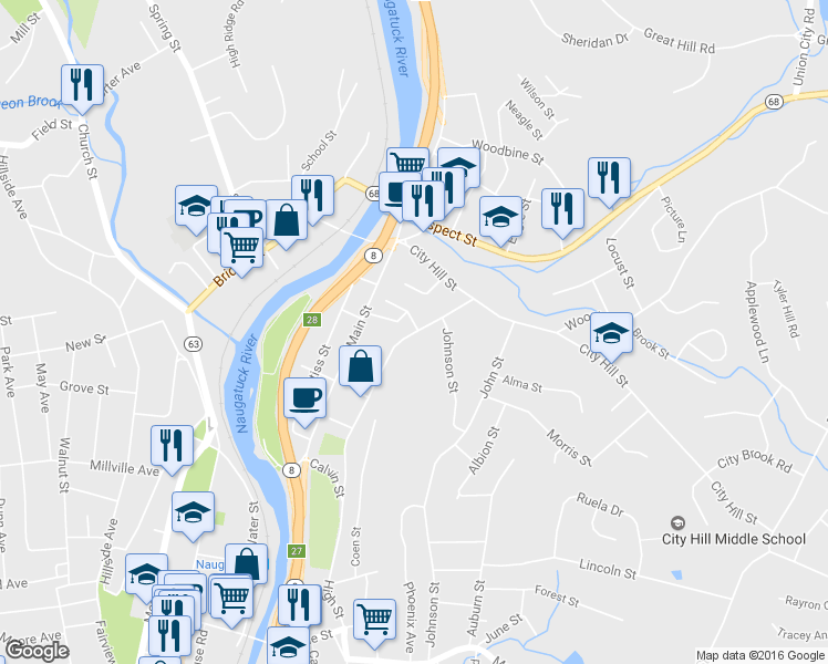 map of restaurants, bars, coffee shops, grocery stores, and more near 668 High Street in Naugatuck