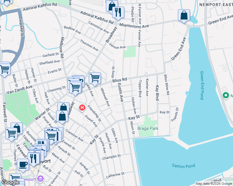 map of restaurants, bars, coffee shops, grocery stores, and more near 19 Eustis Avenue in Newport