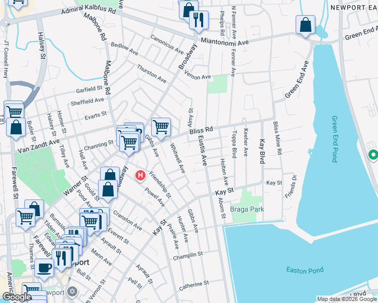 map of restaurants, bars, coffee shops, grocery stores, and more near 15 Brightman Street in Newport