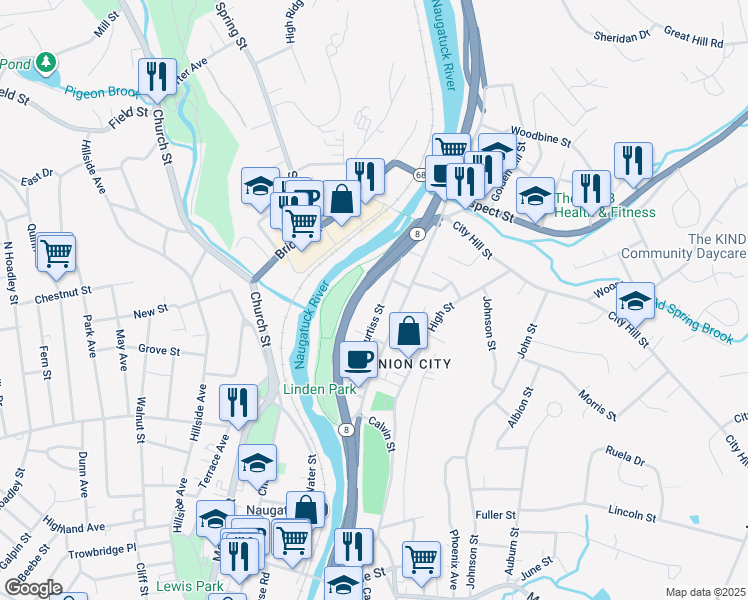 map of restaurants, bars, coffee shops, grocery stores, and more near 118 Curtiss Street in Naugatuck