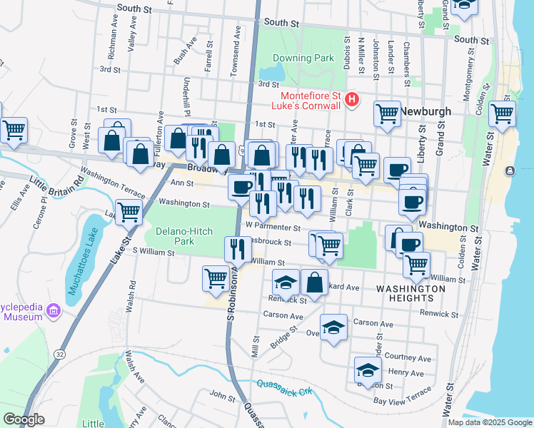 map of restaurants, bars, coffee shops, grocery stores, and more near 287 Washington Street in Newburgh