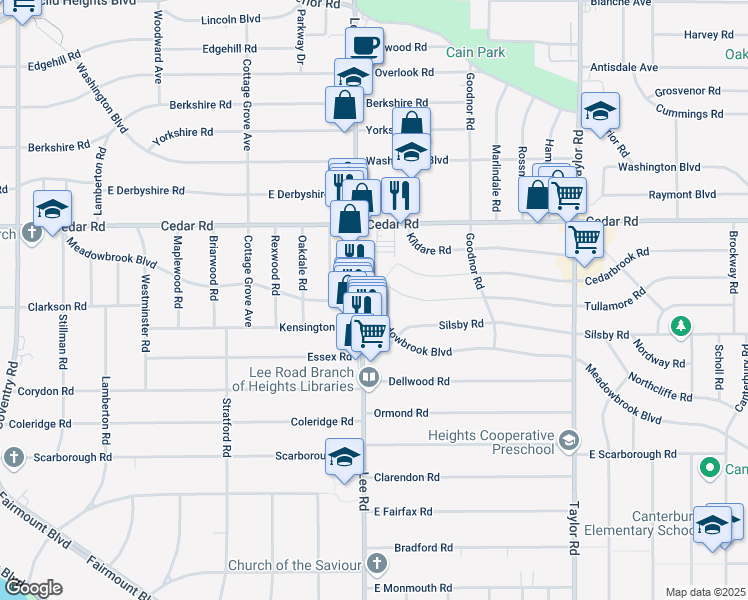 map of restaurants, bars, coffee shops, grocery stores, and more near 3224 Tullamore Road in Cleveland Heights
