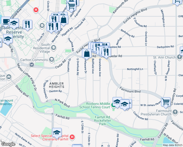 map of restaurants, bars, coffee shops, grocery stores, and more near 2221 Delaware Drive in Cleveland Heights