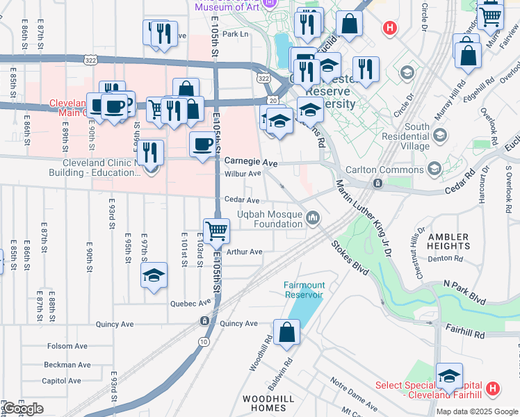 map of restaurants, bars, coffee shops, grocery stores, and more near in Cleveland