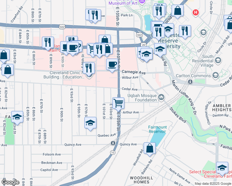 map of restaurants, bars, coffee shops, grocery stores, and more near in Cleveland