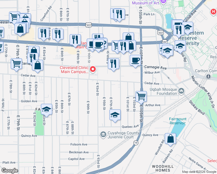 map of restaurants, bars, coffee shops, grocery stores, and more near 2175 East 97th Street in Cleveland