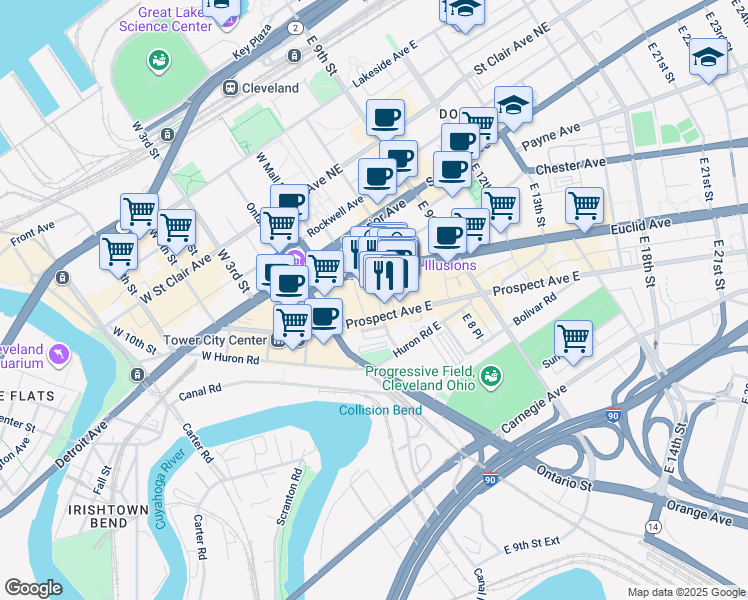 map of restaurants, bars, coffee shops, grocery stores, and more near 2051 East 4th Street in Cleveland