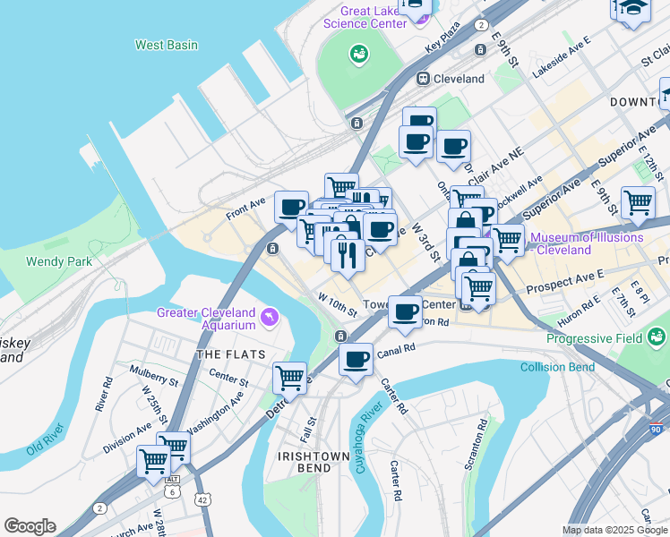 map of restaurants, bars, coffee shops, grocery stores, and more near 1300 West 9th Street in Cleveland