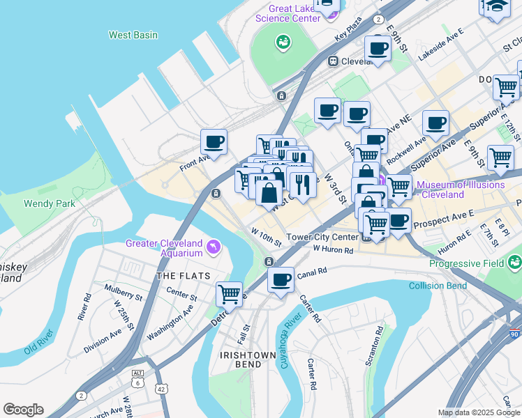 map of restaurants, bars, coffee shops, grocery stores, and more near 1300 West 9th Street in Cleveland