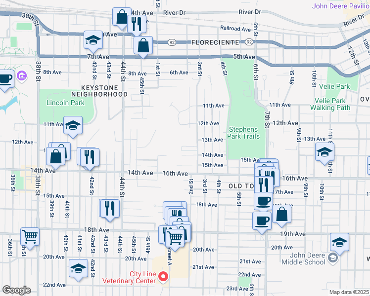 map of restaurants, bars, coffee shops, grocery stores, and more near 201 13th Avenue in Moline