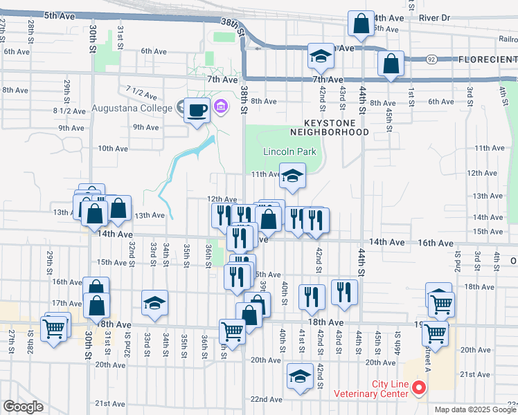 map of restaurants, bars, coffee shops, grocery stores, and more near 1145 39th St in Rock Island
