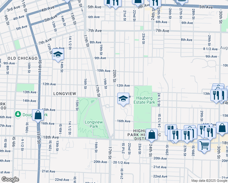map of restaurants, bars, coffee shops, grocery stores, and more near 1215 20th Street in Rock Island