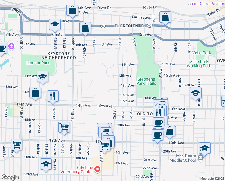 map of restaurants, bars, coffee shops, grocery stores, and more near 232 13th Avenue in Moline
