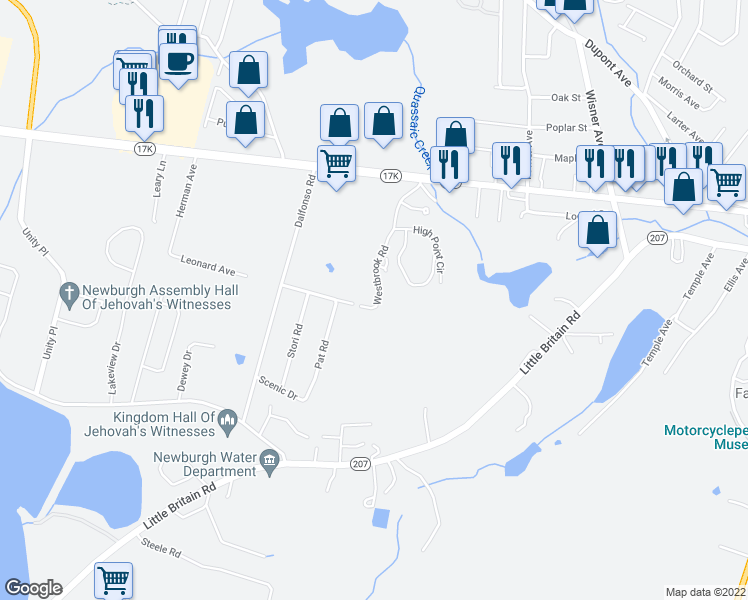 map of restaurants, bars, coffee shops, grocery stores, and more near 12 Westbrook Road in Newburgh
