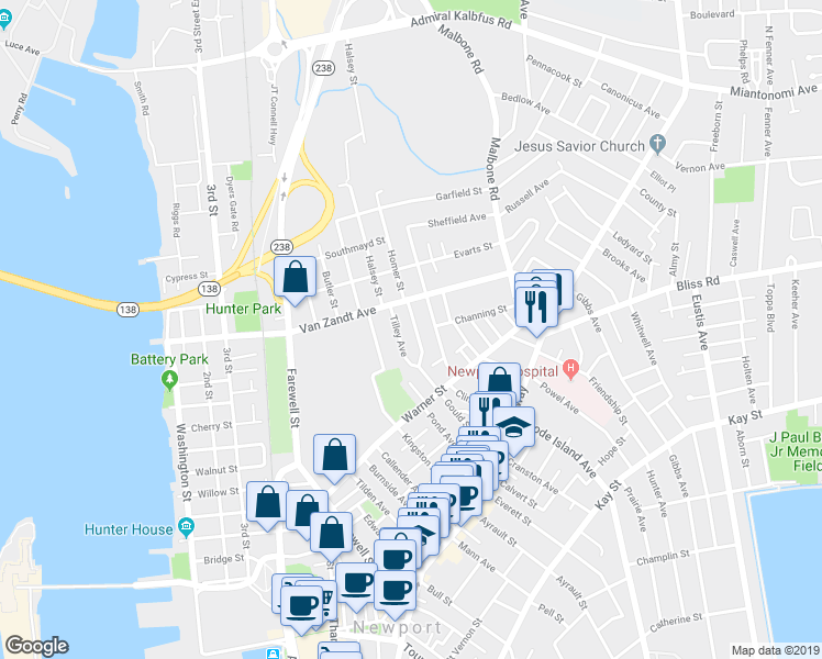map of restaurants, bars, coffee shops, grocery stores, and more near 18 Congdon Avenue in Newport