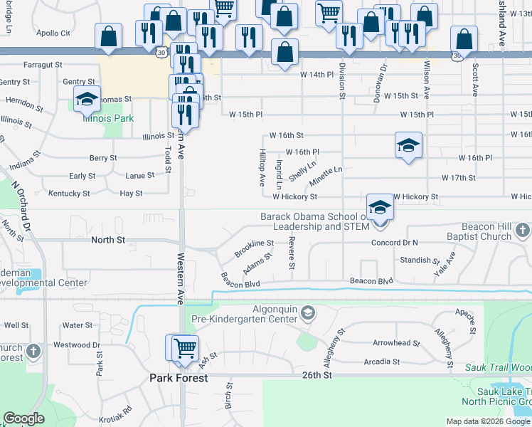 map of restaurants, bars, coffee shops, grocery stores, and more near 587 Andover Street in Chicago Heights
