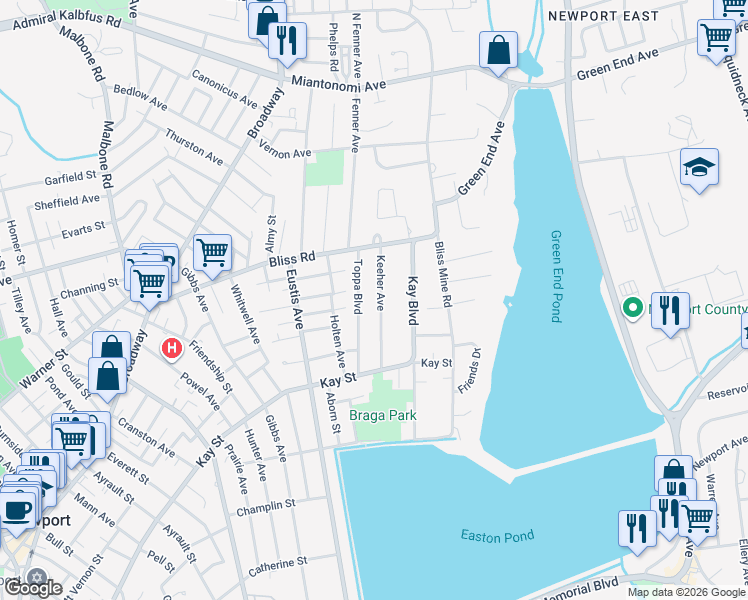 map of restaurants, bars, coffee shops, grocery stores, and more near 24 Toppa Boulevard in Newport