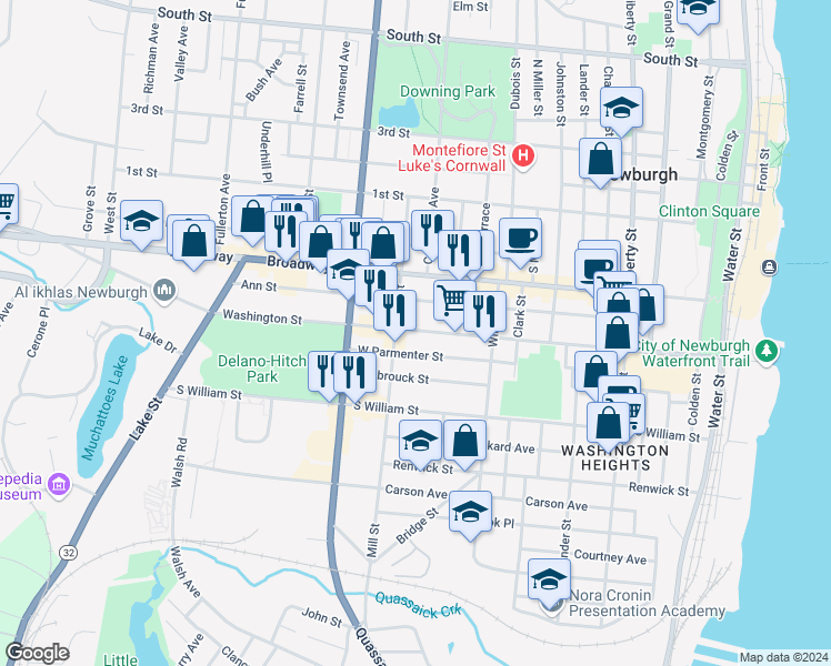 map of restaurants, bars, coffee shops, grocery stores, and more near 257 Washington Street in Newburgh