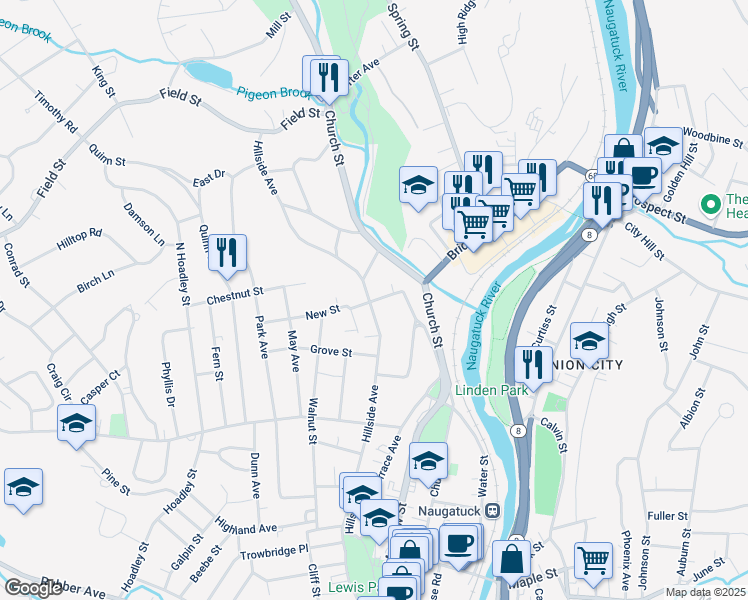 map of restaurants, bars, coffee shops, grocery stores, and more near 37 New Street in Naugatuck